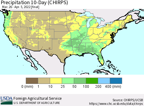United States Precipitation 10-Day (CHIRPS) Thematic Map For 3/26/2022 - 4/5/2022