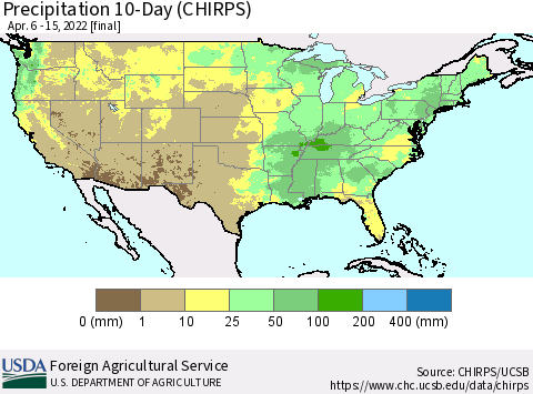 United States Precipitation 10-Day (CHIRPS) Thematic Map For 4/6/2022 - 4/15/2022