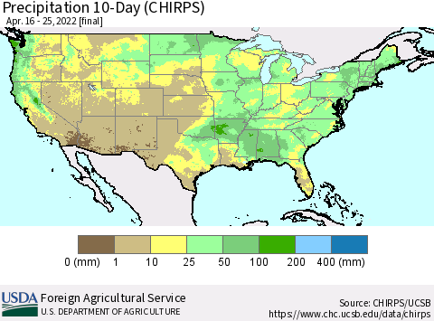 United States Precipitation 10-Day (CHIRPS) Thematic Map For 4/16/2022 - 4/25/2022