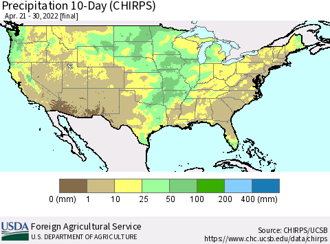 United States Precipitation 10-Day (CHIRPS) Thematic Map For 4/21/2022 - 4/30/2022