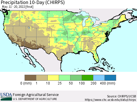 United States Precipitation 10-Day (CHIRPS) Thematic Map For 5/11/2022 - 5/20/2022