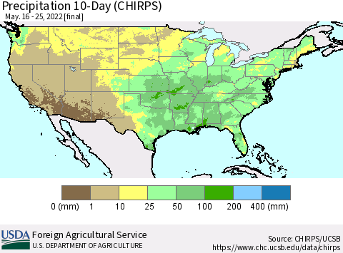 United States Precipitation 10-Day (CHIRPS) Thematic Map For 5/16/2022 - 5/25/2022