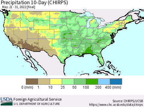 United States Precipitation 10-Day (CHIRPS) Thematic Map For 5/21/2022 - 5/31/2022