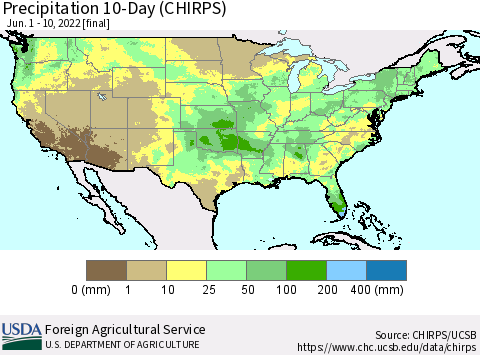 United States Precipitation 10-Day (CHIRPS) Thematic Map For 6/1/2022 - 6/10/2022