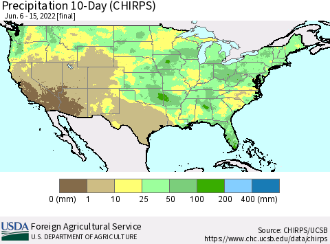United States Precipitation 10-Day (CHIRPS) Thematic Map For 6/6/2022 - 6/15/2022