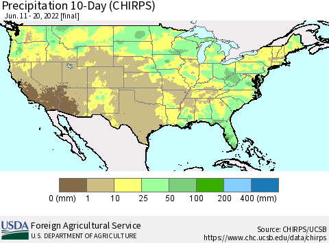 United States Precipitation 10-Day (CHIRPS) Thematic Map For 6/11/2022 - 6/20/2022