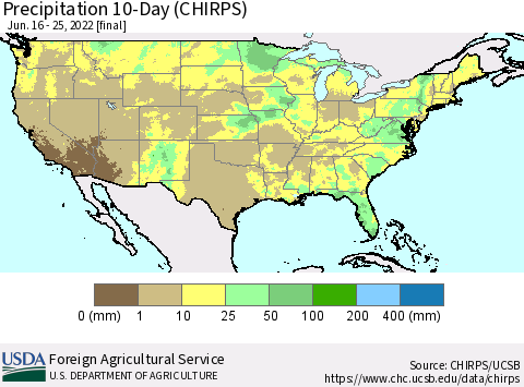 United States Precipitation 10-Day (CHIRPS) Thematic Map For 6/16/2022 - 6/25/2022