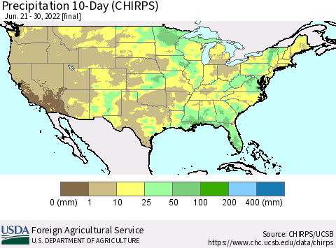 United States Precipitation 10-Day (CHIRPS) Thematic Map For 6/21/2022 - 6/30/2022