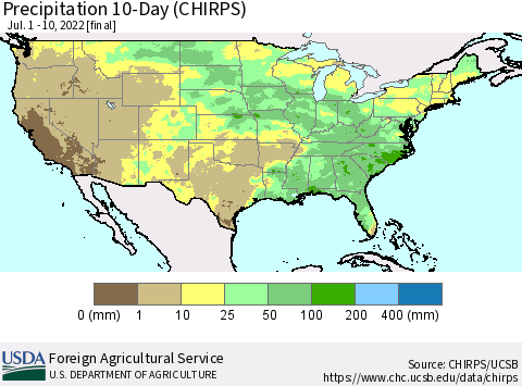 United States Precipitation 10-Day (CHIRPS) Thematic Map For 7/1/2022 - 7/10/2022