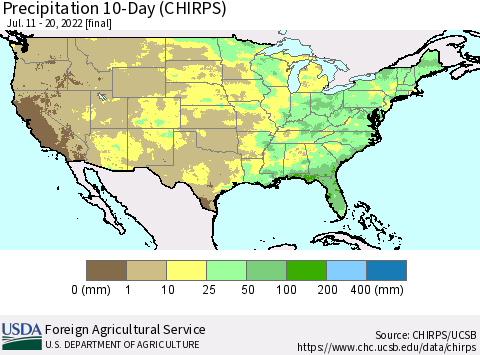 United States Precipitation 10-Day (CHIRPS) Thematic Map For 7/11/2022 - 7/20/2022