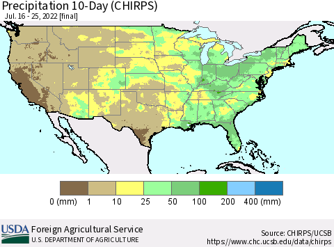 United States Precipitation 10-Day (CHIRPS) Thematic Map For 7/16/2022 - 7/25/2022