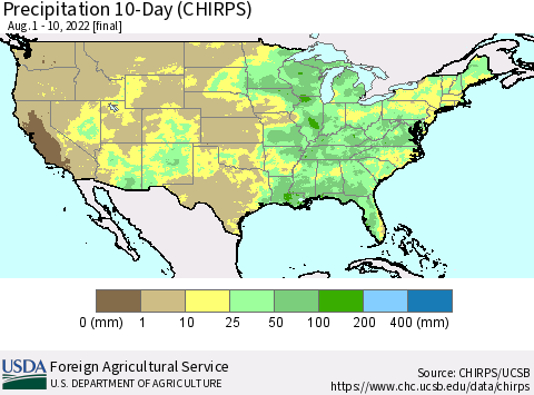 United States Precipitation 10-Day (CHIRPS) Thematic Map For 8/1/2022 - 8/10/2022