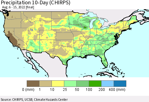 United States Precipitation 10-Day (CHIRPS) Thematic Map For 8/6/2022 - 8/15/2022