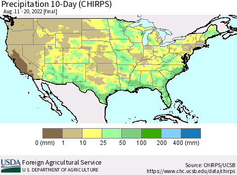United States Precipitation 10-Day (CHIRPS) Thematic Map For 8/11/2022 - 8/20/2022