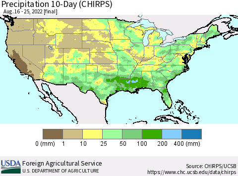 United States Precipitation 10-Day (CHIRPS) Thematic Map For 8/16/2022 - 8/25/2022