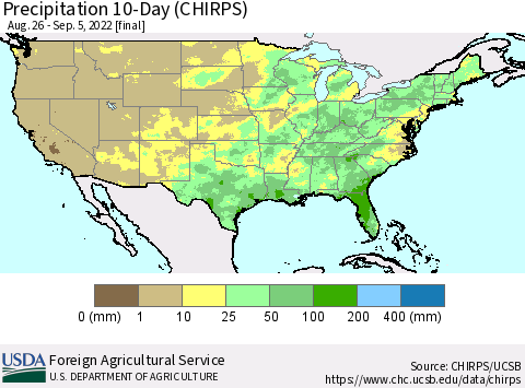 United States Precipitation 10-Day (CHIRPS) Thematic Map For 8/26/2022 - 9/5/2022