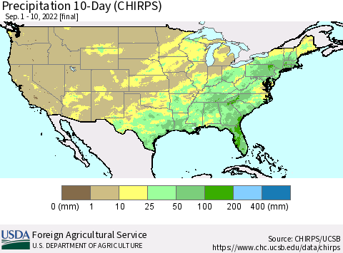 United States Precipitation 10-Day (CHIRPS) Thematic Map For 9/1/2022 - 9/10/2022