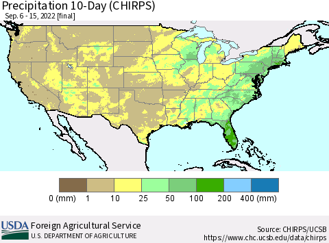 United States Precipitation 10-Day (CHIRPS) Thematic Map For 9/6/2022 - 9/15/2022