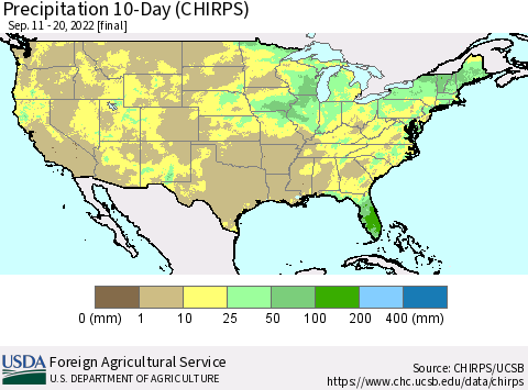 United States Precipitation 10-Day (CHIRPS) Thematic Map For 9/11/2022 - 9/20/2022