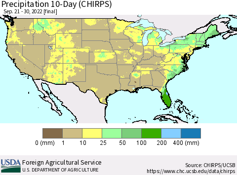 United States Precipitation 10-Day (CHIRPS) Thematic Map For 9/21/2022 - 9/30/2022