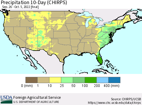 United States Precipitation 10-Day (CHIRPS) Thematic Map For 9/26/2022 - 10/5/2022