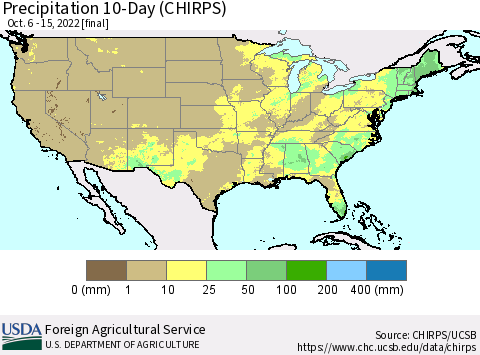 United States Precipitation 10-Day (CHIRPS) Thematic Map For 10/6/2022 - 10/15/2022