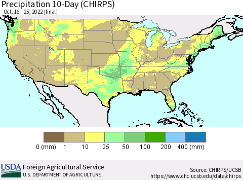 United States Precipitation 10-Day (CHIRPS) Thematic Map For 10/16/2022 - 10/25/2022