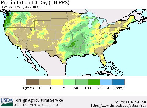 United States Precipitation 10-Day (CHIRPS) Thematic Map For 10/26/2022 - 11/5/2022