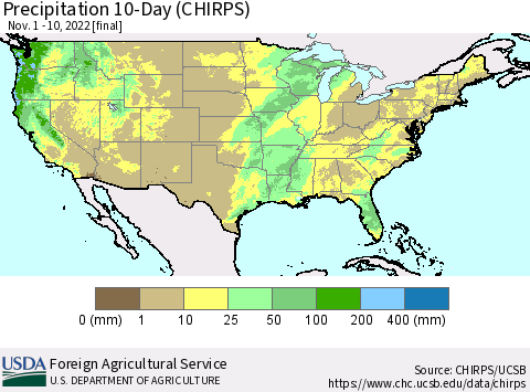 United States Precipitation 10-Day (CHIRPS) Thematic Map For 11/1/2022 - 11/10/2022