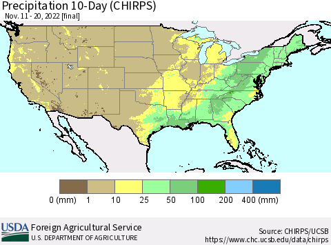 United States Precipitation 10-Day (CHIRPS) Thematic Map For 11/11/2022 - 11/20/2022
