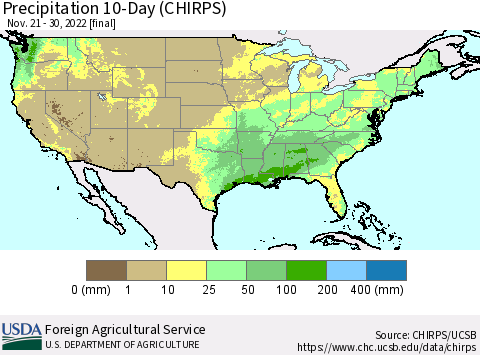 United States Precipitation 10-Day (CHIRPS) Thematic Map For 11/21/2022 - 11/30/2022