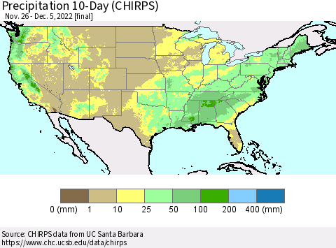 United States Precipitation 10-Day (CHIRPS) Thematic Map For 11/26/2022 - 12/5/2022