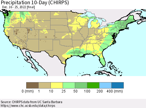 United States Precipitation 10-Day (CHIRPS) Thematic Map For 12/16/2022 - 12/25/2022