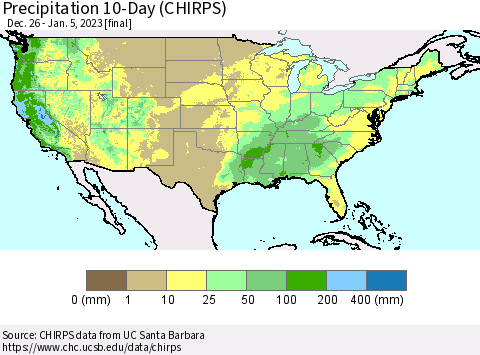 United States Precipitation 10-Day (CHIRPS) Thematic Map For 12/26/2022 - 1/5/2023