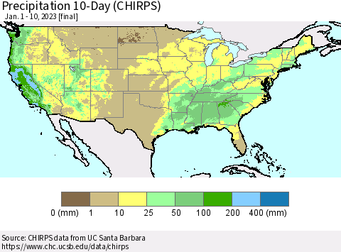 United States Precipitation 10-Day (CHIRPS) Thematic Map For 1/1/2023 - 1/10/2023