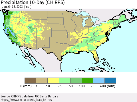 United States Precipitation 10-Day (CHIRPS) Thematic Map For 1/6/2023 - 1/15/2023