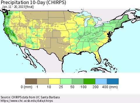 United States Precipitation 10-Day (CHIRPS) Thematic Map For 1/11/2023 - 1/20/2023