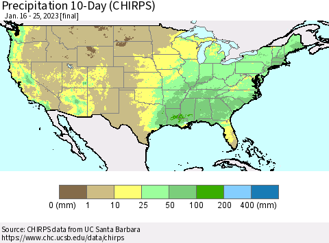 United States Precipitation 10-Day (CHIRPS) Thematic Map For 1/16/2023 - 1/25/2023