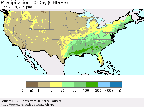 United States Precipitation 10-Day (CHIRPS) Thematic Map For 1/21/2023 - 1/31/2023