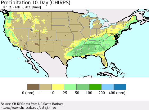United States Precipitation 10-Day (CHIRPS) Thematic Map For 1/26/2023 - 2/5/2023