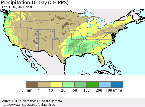 United States Precipitation 10-Day (CHIRPS) Thematic Map For 2/1/2023 - 2/10/2023
