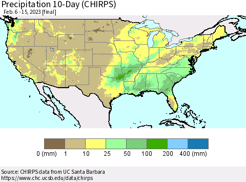 United States Precipitation 10-Day (CHIRPS) Thematic Map For 2/6/2023 - 2/15/2023