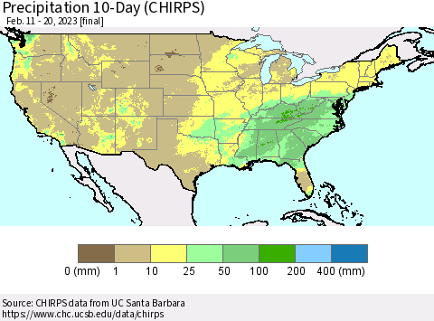 United States Precipitation 10-Day (CHIRPS) Thematic Map For 2/11/2023 - 2/20/2023