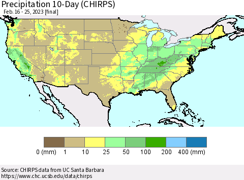 United States Precipitation 10-Day (CHIRPS) Thematic Map For 2/16/2023 - 2/25/2023