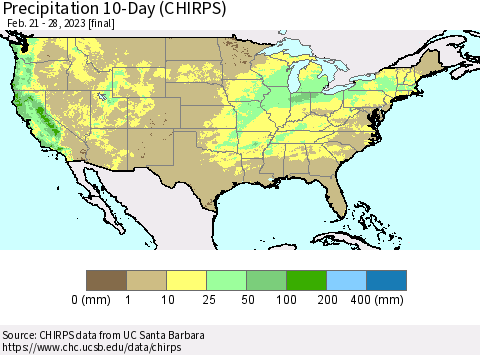 United States Precipitation 10-Day (CHIRPS) Thematic Map For 2/21/2023 - 2/28/2023