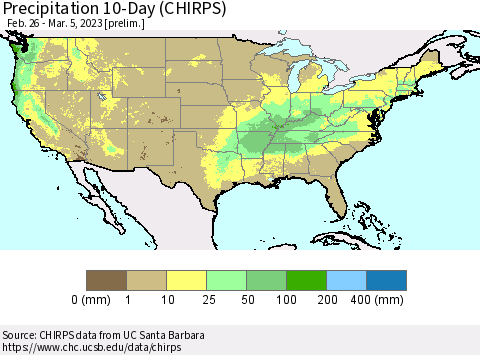 United States Precipitation 10-Day (CHIRPS) Thematic Map For 2/26/2023 - 3/5/2023
