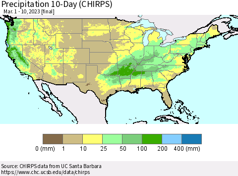 United States Precipitation 10-Day (CHIRPS) Thematic Map For 3/1/2023 - 3/10/2023