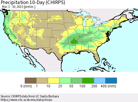 United States Precipitation 10-Day (CHIRPS) Thematic Map For 3/1/2023 - 3/10/2023