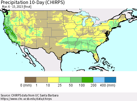 United States Precipitation 10-Day (CHIRPS) Thematic Map For 3/6/2023 - 3/15/2023