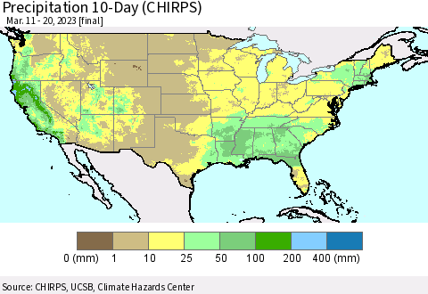 United States Precipitation 10-Day (CHIRPS) Thematic Map For 3/11/2023 - 3/20/2023